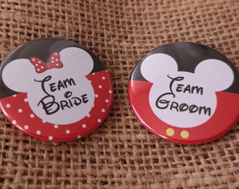 Packs of 50 Badges Bulk OFFER - Quirky Team Bride and Team Groom Disney Mickey and Minnie Wedding Badges / Wedding favours
