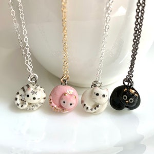 Tiny Round Cat, Teeny Tiny, Handmade Ceramic, Cat Lady Gift, Cat Mom Necklace, Black Pink White