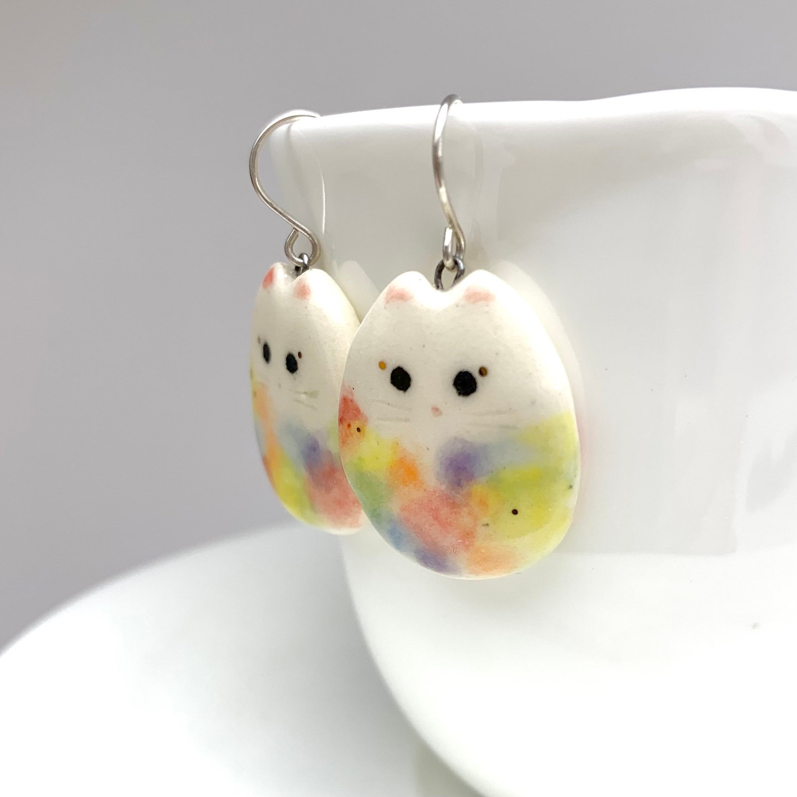 Pastel Rainbow Cat Earrings, Flat Dangle, Fun Porcelain, Cat Lady Gift ...