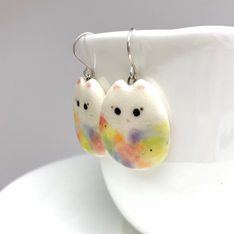 Pastel Rainbow Cat Earrings, Flat Dangle, Fun Porcelain, Cat Lady Gift, Colorful Cat Jewelry image 3
