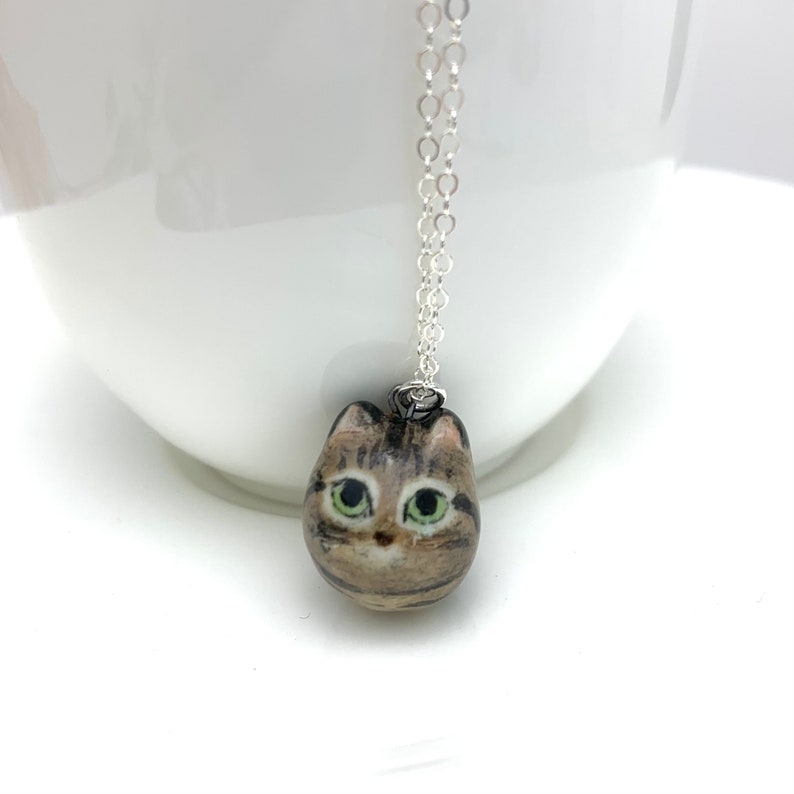 Brown Tabby Cat Charm Necklace, Cat Mom Gift, Ceramic Pendant image 1