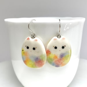 Pastel Rainbow Cat Earrings, Flat Dangle, Fun Porcelain, Cat Lady Gift, Colorful Cat Jewelry image 1