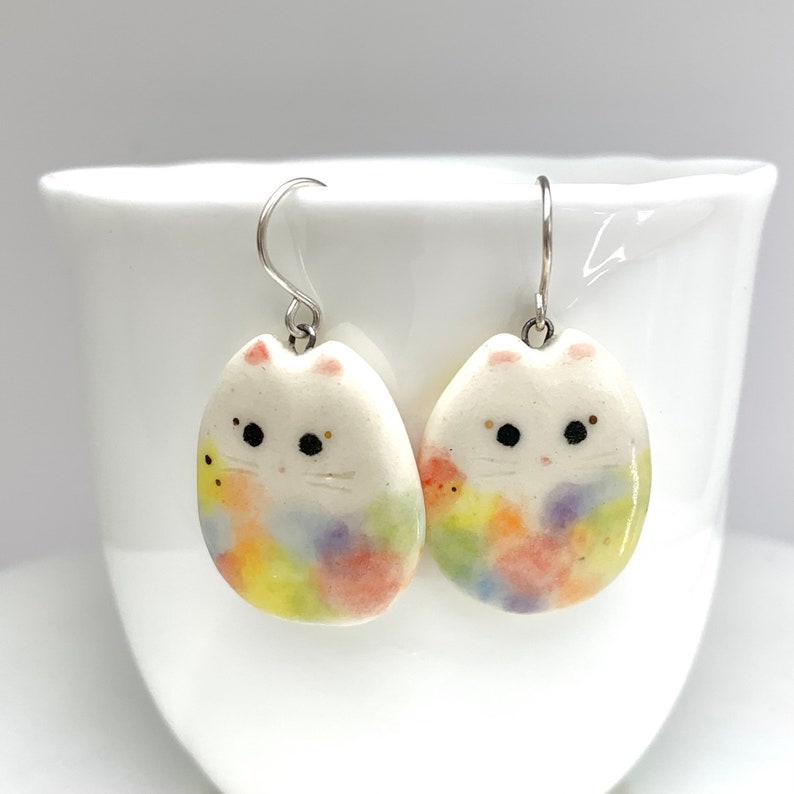 Pastel Rainbow Cat Earrings, Flat Dangle, Fun Porcelain, Cat Lady Gift, Colorful Cat Jewelry image 1