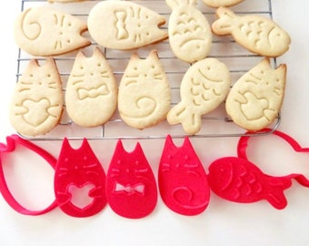 Cat Cookie Cutter and Cookie Stamp | 3D Printed Cookie Cutters | Cute Cat and Fish Design | Holiday Cat Gift