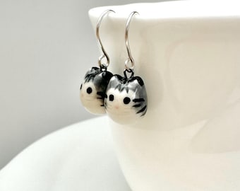 Gray Tabby Cat Earrings | Porcelain Dangle Earrings | Best Cat Lover Gift