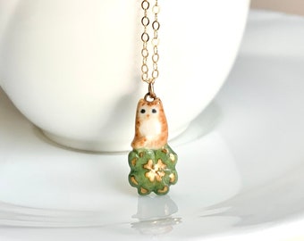 Lucky Cat Charm Necklace | Four-Leaf Clover | Good Luck Gift | Ceramic Jewelry