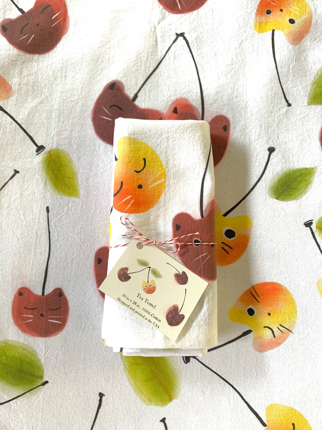 Cherry Cat Tea Towel, Kitchen Decoration, Cat Lover Gift, Cherry Lover, Kitchen Accent