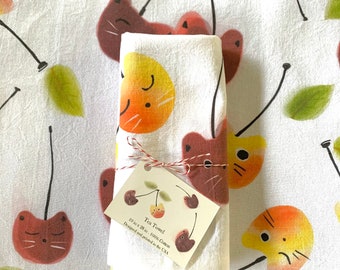 Cherry Cat Tea Towel, Kitchen Decoration, Cat Lover Gift, Cherry Lover, Kitchen Accent