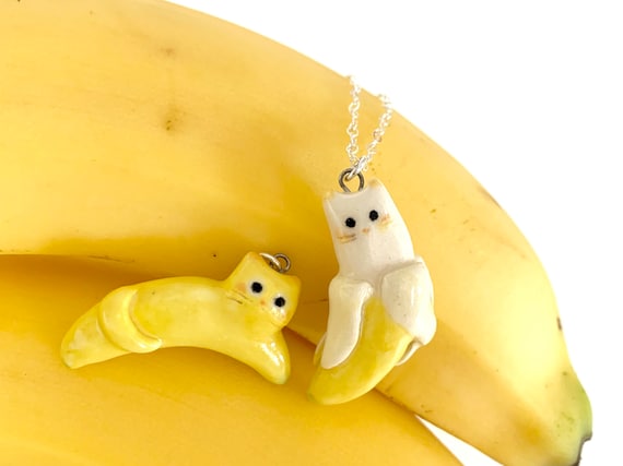Banana Cat Necklace |  Cat Lover Gift | Fruit Cat | Porcelain Necklace Pendant