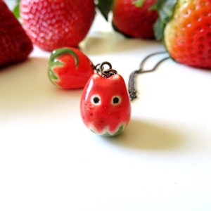 Strawberry Cat Necklace | Cat Lover Gift | Ceramic Jewelry | Strawberry Charm