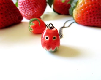 Strawberry Cat Necklace | Cat Lover Gift | Ceramic Jewelry | Strawberry Charm