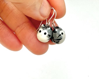 Gray Tabby Cat Earrings | Porcelain Dangle Earrings | Best Cat Lover Gift