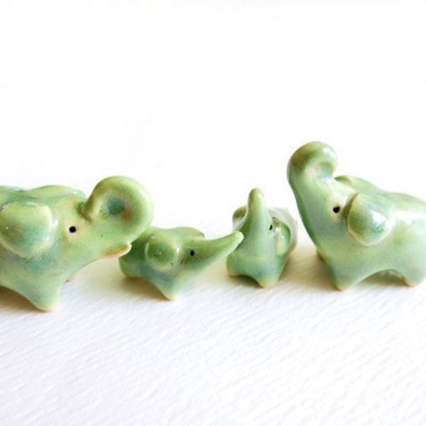 Miniature Elephant Family, Green Porcelain, Elephant Lover Gift, Tiny Safari Sculpture