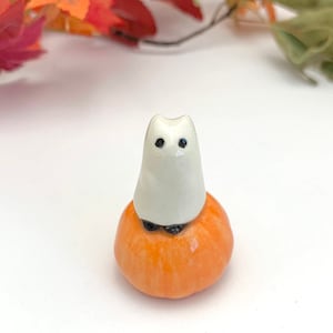 Cat Ghost on Pumpkin, Halloween Decoration, Cat Lover Gift, Ceramic Figurine