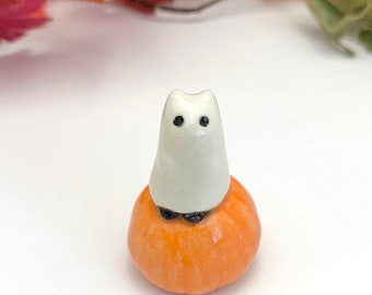 Cat Ghost on Pumpkin, Halloween Decoration, Cat Lover Gift, Ceramic Figurine