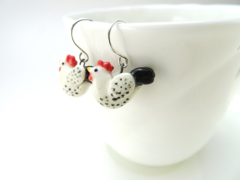 Rooster Earrings, Chicken Jewelry, Rooster Lover Gift, Ceramic Animal Jewelry image 3