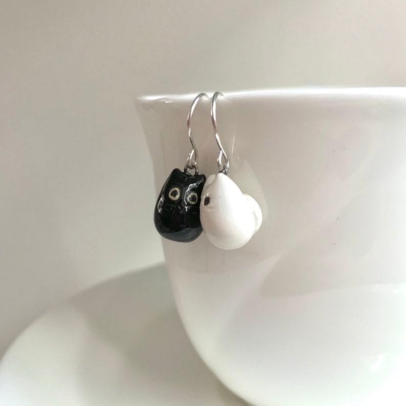 Black & White Cat Earrings Ceramic Cat Jewelry Mismatched Earrings Cat Lover Gift image 4