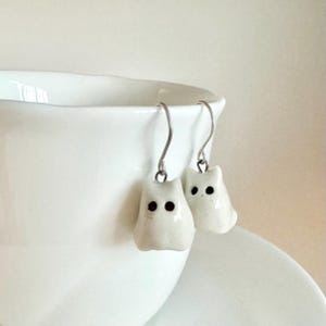 Ghost Cat Earrings, Halloween Jewelry, Spooky Hollow Kitty, Cat Lover Gift, Ceramic Ghost