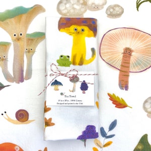 Mushroom Cat Kitchen Towel, Mushroom Motif Tea Towel, Cute Cottagecore Cat
