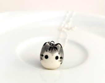 Gray Tabby Cat Necklace | Handmade Ceramic Charm | Cat Lover Gift