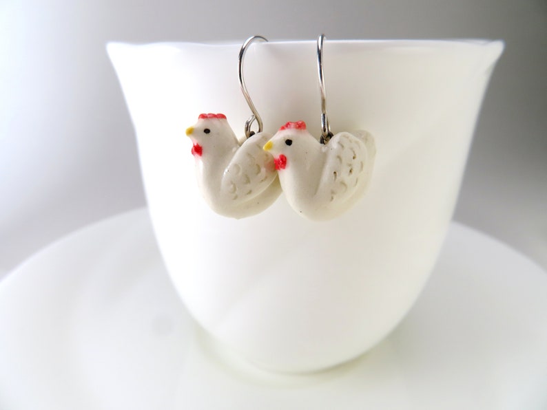 Rooster Earrings, Chicken Jewelry, Rooster Lover Gift, Ceramic Animal Jewelry image 8