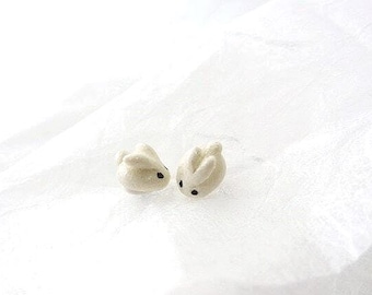 Tiny Snow Bunny Stud Earrings | Rabbit Lover Gift | Porcelain Jewelry | White Stud Earrings