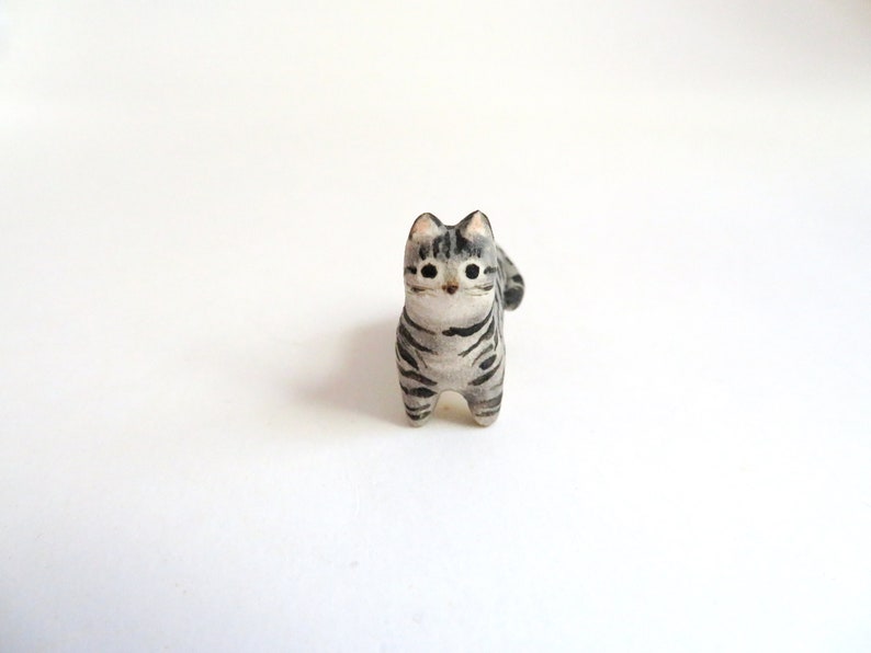 Miniature Cat Figurine Animal Totem Cat Desk Accessories Cat Lover Gift Grey Tabby