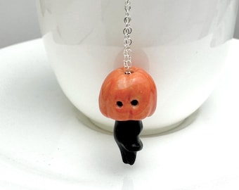 Handcrafted Halloween Necklace, Black Cat Pumpkin Charm, Unique and Whimsical Gift
