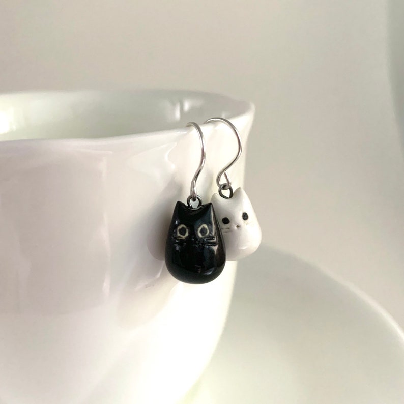 Black & White Cat Earrings Ceramic Cat Jewelry Mismatched Earrings Cat Lover Gift image 1