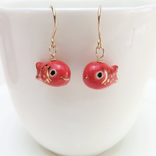 Red Fish Earrings | Ceramic Dangle Earrings | Fish Lover Gift | Tiny Goldfish Fish