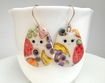 Fruit Cat Earrings, Porcelain Jewelry, Whimsical Colorful Fruit Medley
