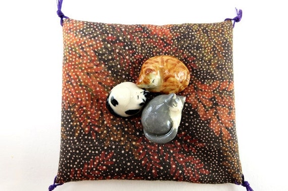 Miniature Cat Figurine, Sleeping Cat, Ceramic Cat Sculpture