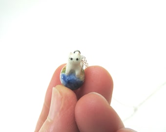 Tiny Earth Cat Necklace, World Gift, Cat Lover, Earth Lover, Gift Ceramic Jewelry, Top of the World, Blue Earth, White Cat