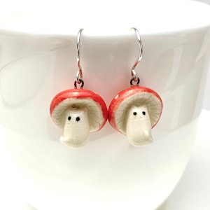 Red Mushroom Cat Earrings, Cottagecore Cat, Porcelain Jewelry, Cat Mom Gift