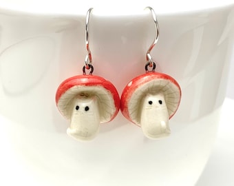 Red Mushroom Cat Earrings, Cottagecore Cat, Porcelain Jewelry, Cat Mom Gift