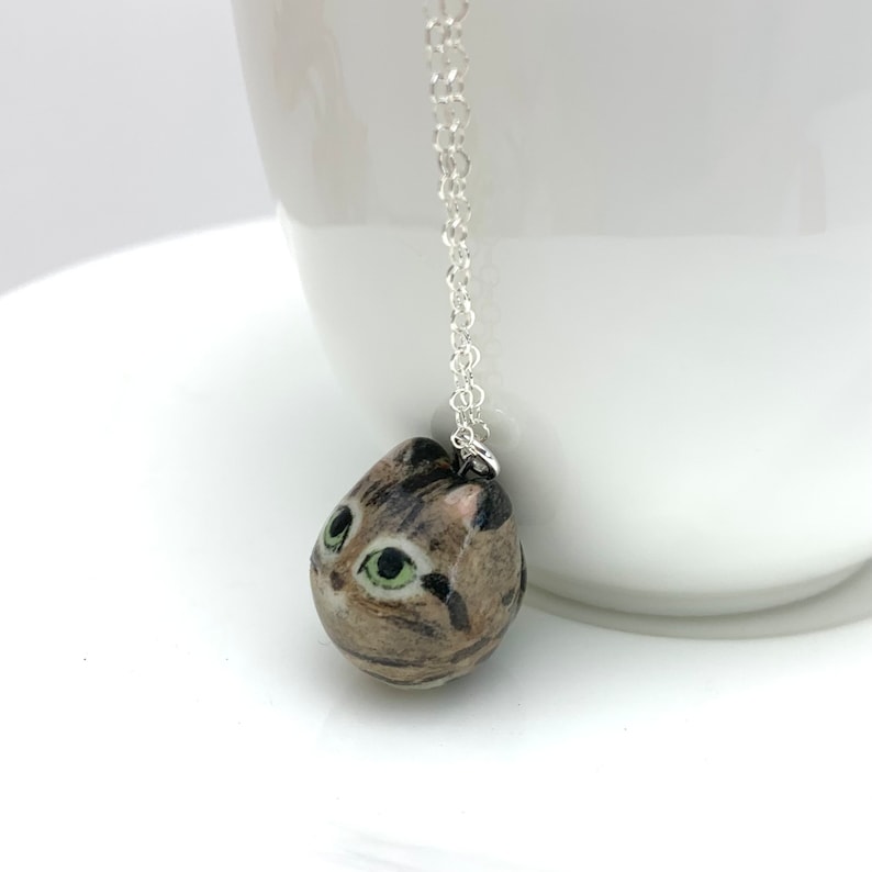 Brown Tabby Cat Charm Necklace, Cat Mom Gift, Ceramic Pendant image 2