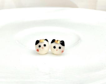 Queen of Hearts Cat Stud Earrings Cat Mom Gift Teeny Tiny Handmade Porcelain Jewelry