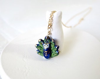 Peacock Cat Necklace, Tiny Porcelain Charm, Peacock Lover Gift,  Cat Lover Gift