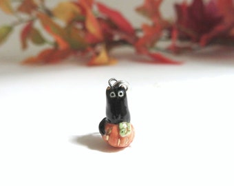 Black Cat Pumpkin Necklace | Halloween Jewelry | Cat Lover Gift | Tiny Ceramic Jewelry