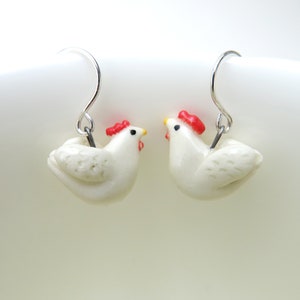 Chicken Earrings, Ceramic Hen Jewelry, Chicken Lover Gift, White Chicken, Farm Animal