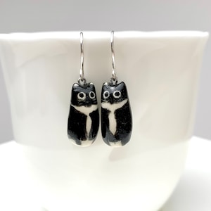 Tuxedo cat earrings, Ceramic dangle, Cat Lover Jewelry, Cat mom gift