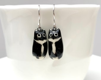 Tuxedo cat earrings, Ceramic dangle, Cat Lover Jewelry, Cat mom gift