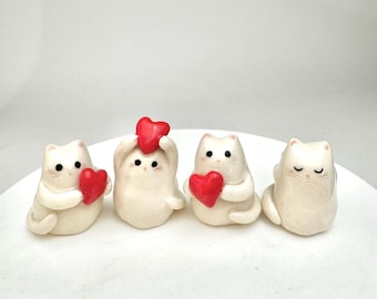Sweetheart Cat Figurine | Love Message | Red Heart Gift | Valentine Cat | Small Desk Top Decoration