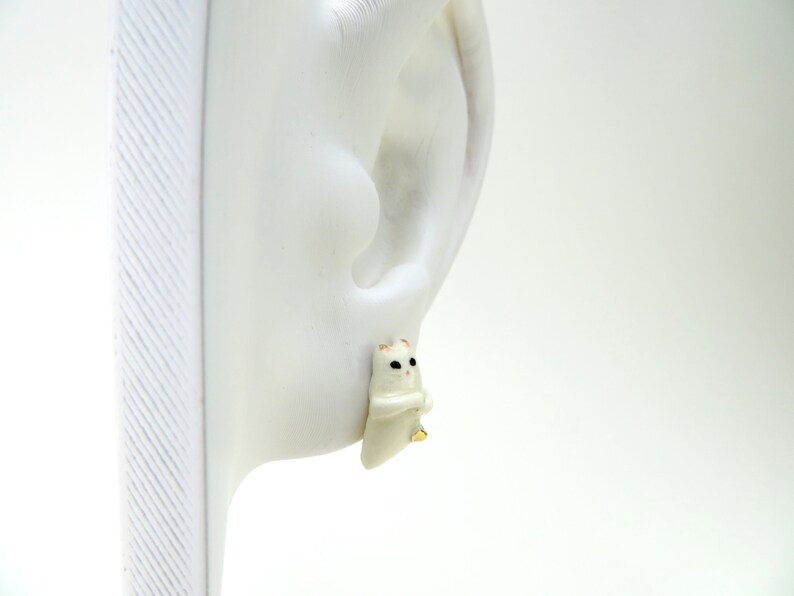 Cat Lover Jewelry Gift Funny Cat White Gold Cat Stud Earrings Porcelain Earrings
