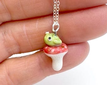 Green Frog Red Mushroom Necklace | Frog Lover Gift | Goblincore | Woodlandcore | Tiny Frog Gift
