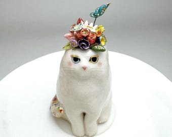 Flower Hat Cat Sculpture, Handmade Ceramic Cat Figurine