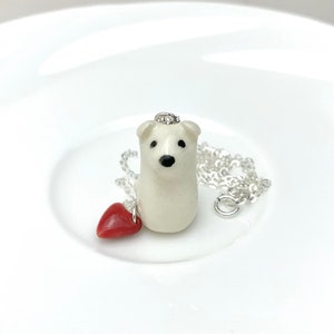 White Dog Necklace with Red Heart Charm, Ceramic Jewelry, Cute Dog Gift for Dog Lover