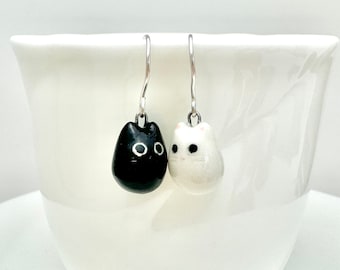 Black & White Cat Earrings | Ceramic Cat Jewelry | Mismatched Earrings | Cat Lover Gift