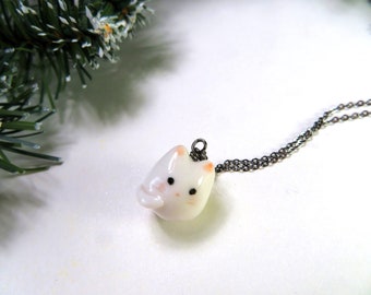White Cat Necklace, Porcelain Cat Charm, Cat Lover Gift, Cute Cat Jewelry for Women, Cat Lover Birthday Gift