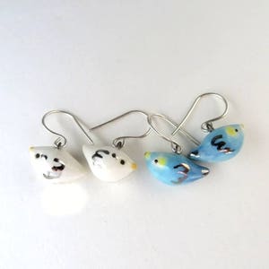 Tiny Bird Earrings, Cute Bird Dangle, Bird Lover Gift, Blue Bird White Bird, Porcelain Jewelry